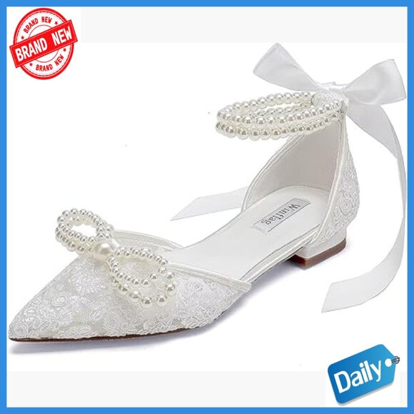 Pearl Lace Wedding Flats Pointed Toe Bridal Shoes Size 6-11.5